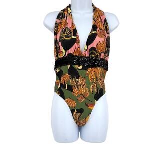 Farm Rio Praia Toucanas One Piece Swimsuit Sequin Belt Swimsuit L CUSTOM Halter
